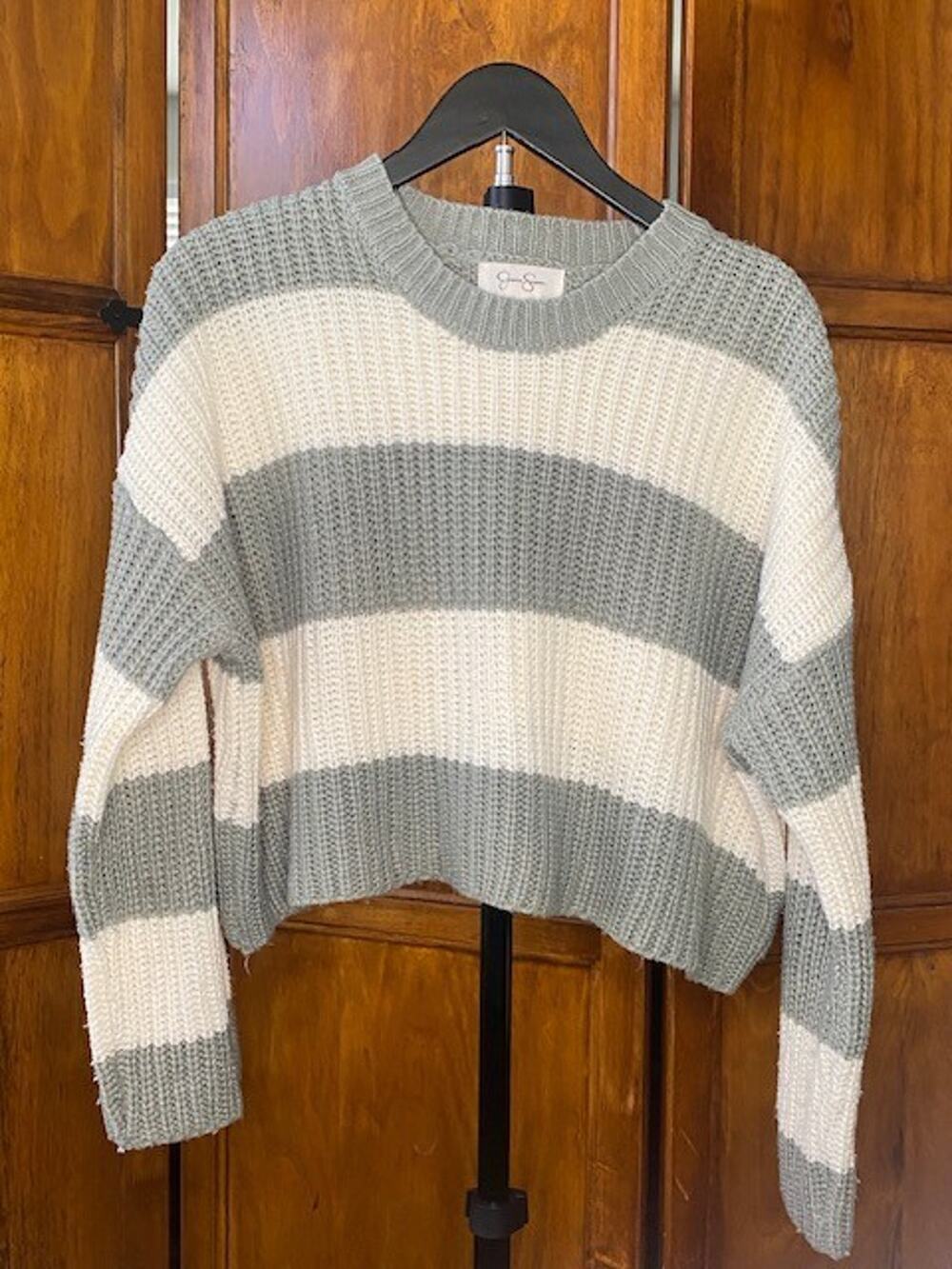 Jessica Simpson Womens Small Cropped Chunky Knit Sweater Sage Cream Striped Cozy